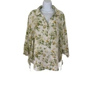 Laura Ashley‎ Floral Linen Tunic Top 3/4 Sleeve Collared Blouse 1X New